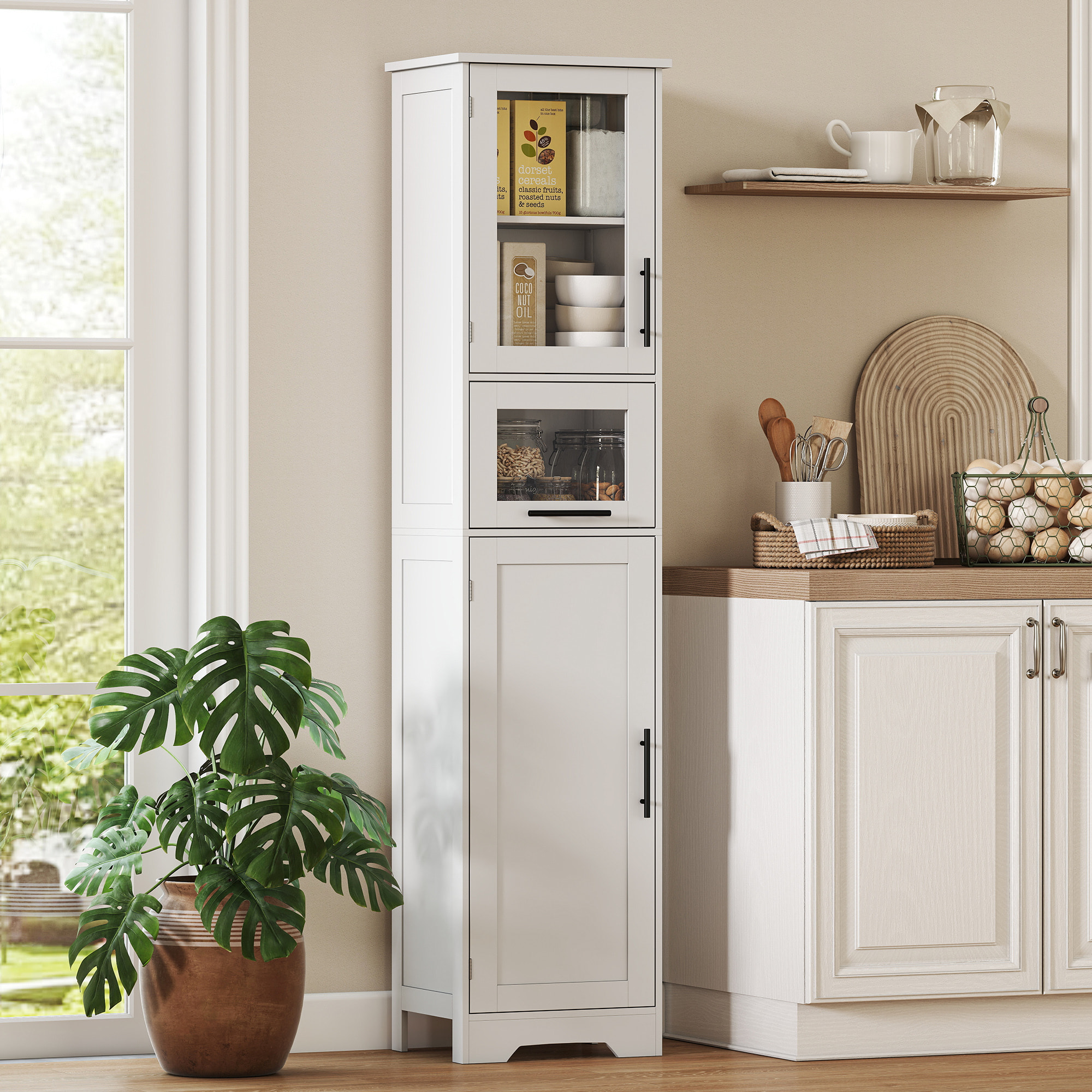 Armario de Baño Alto, Mueble Auxiliar de Baño con Puerta de Vidrio, Estantes Ajustables, Cajón, Columna Estrecha para Espacios Pequeños, 40x31x170 cm, Blanco