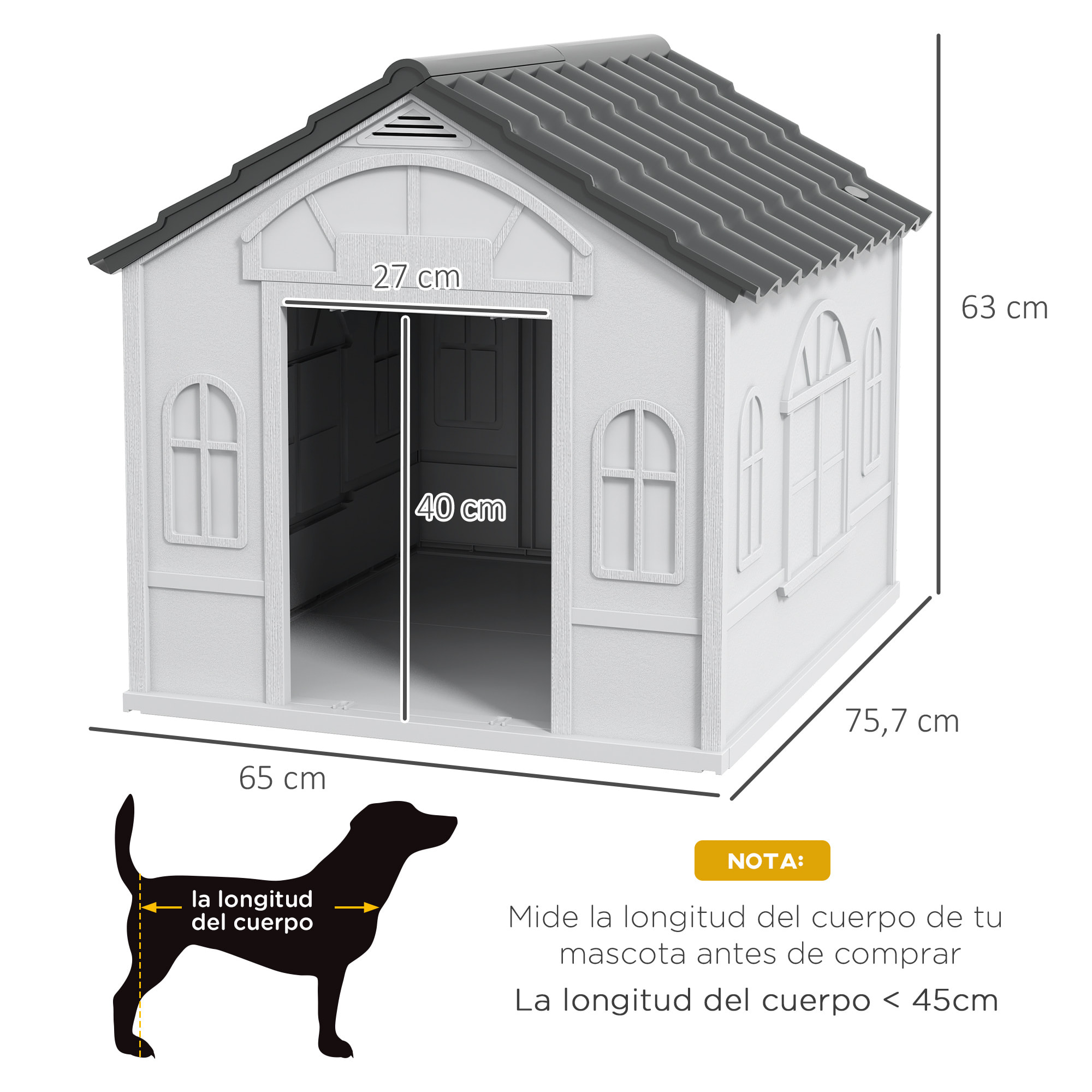 Caseta para Perros 65x75,7x63 cm Casa para Perros con Patrón de Ventana y Techo de Tejas de Imitación para Perros Medianos Gris y Blanco