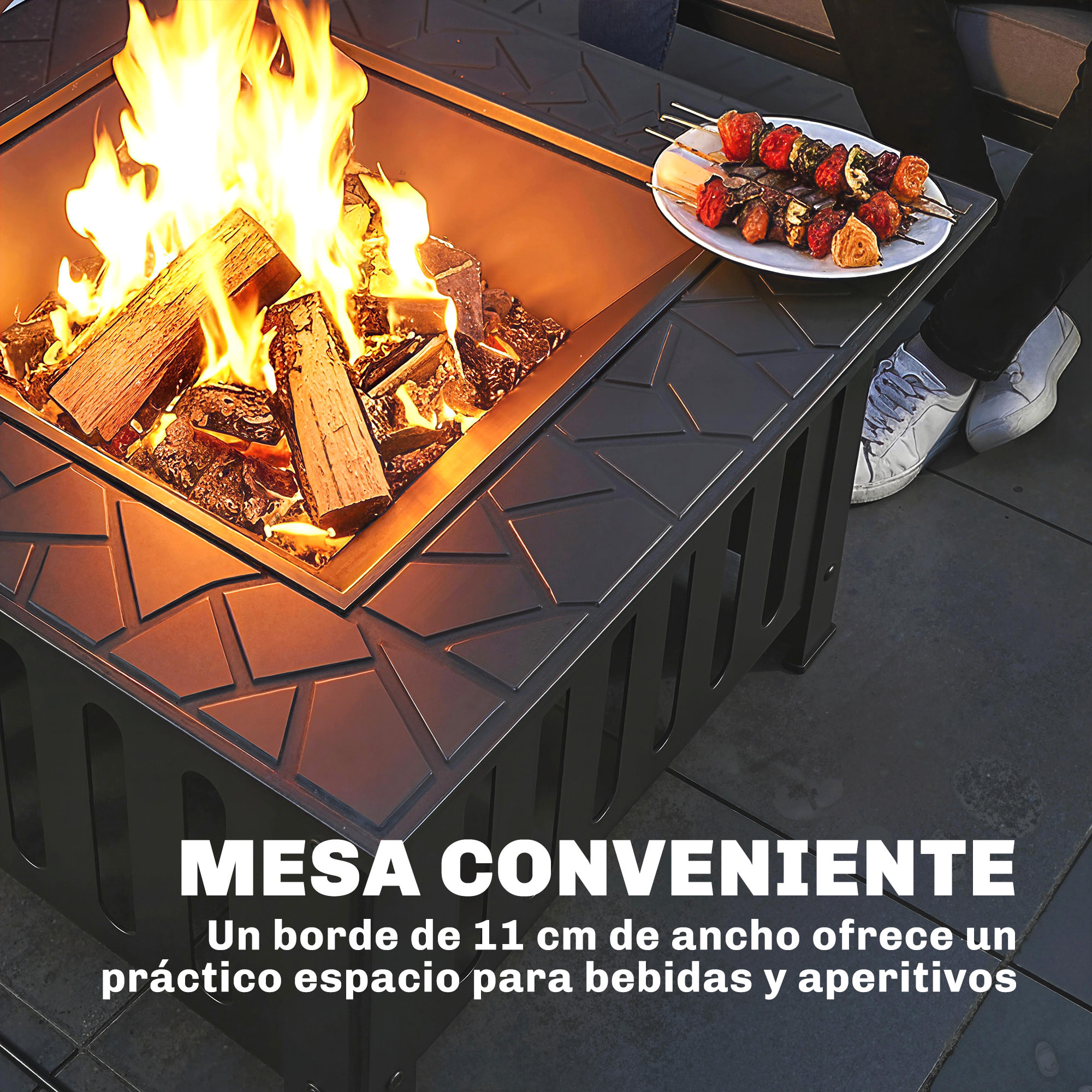 Brasero Exterior de Acero Cuadrado, 67x67x47 cm, Brasero Exterior Jardín con Atizador, Tapa de Malla, para Terraza, Camping, Fiesta, Negro