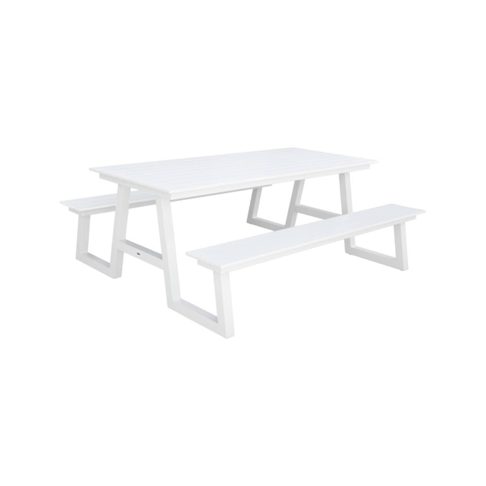 Table pique nique ANA aluminium avec 2 bancs blancs. 6 places. 199.8 x 173 x 75.8 cm