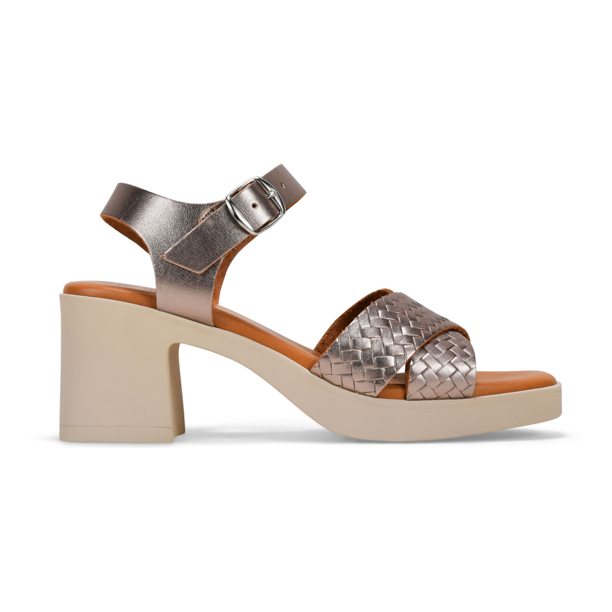 Sandalias de piel trenzadas metalizadas con tacón