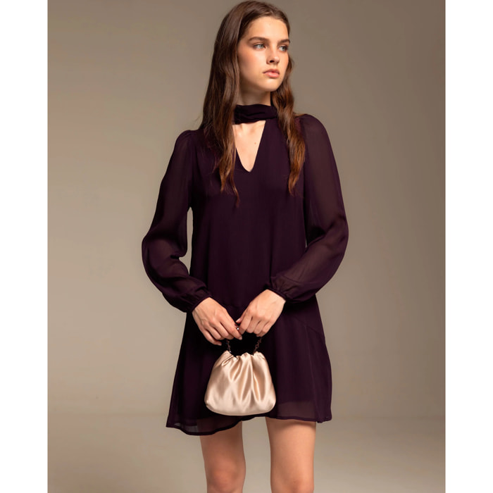 Vestido corto manga abullonada y lazada