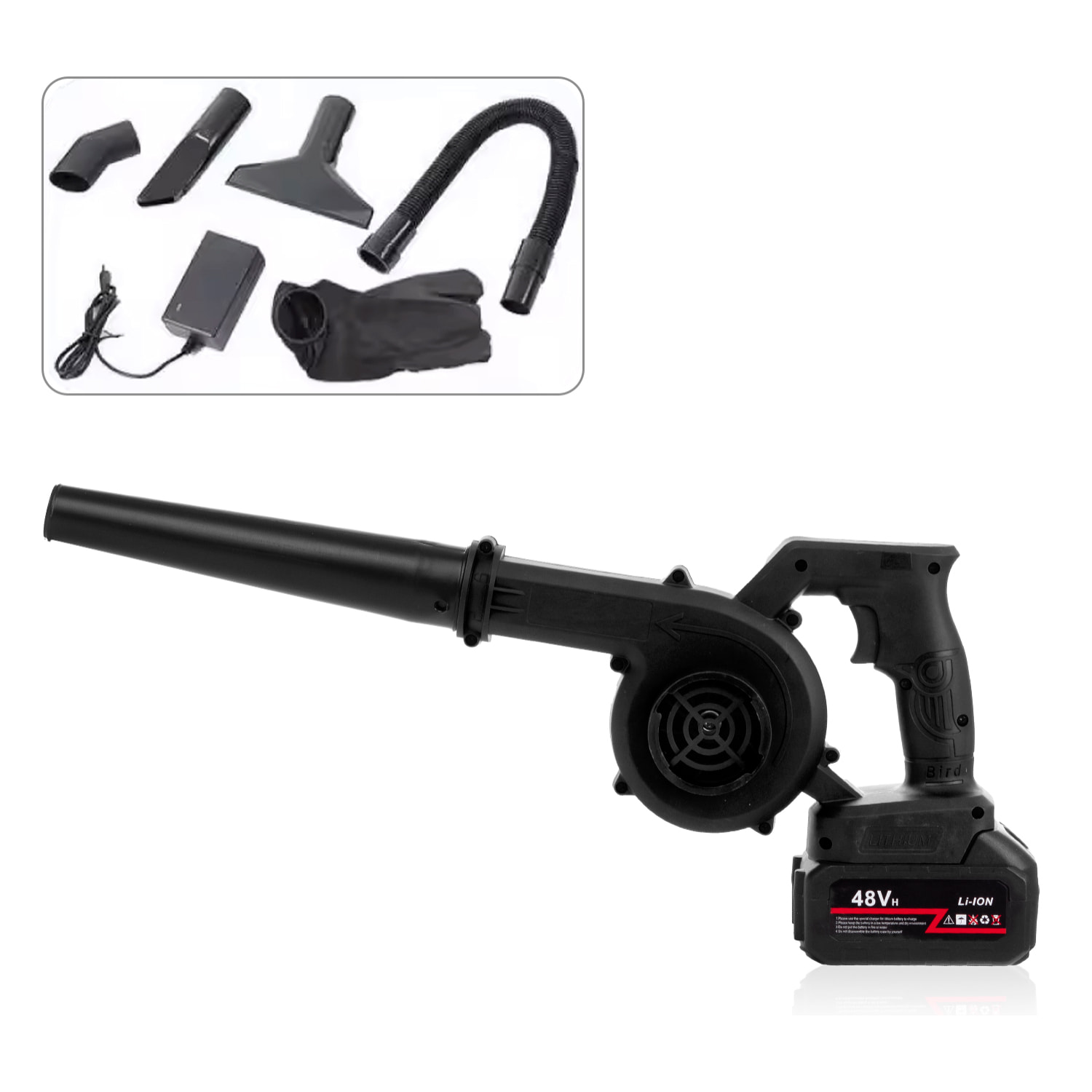 Mini soffiatore di foglie elettrico 2 in 1 con batteria. Modalità aspirazione.