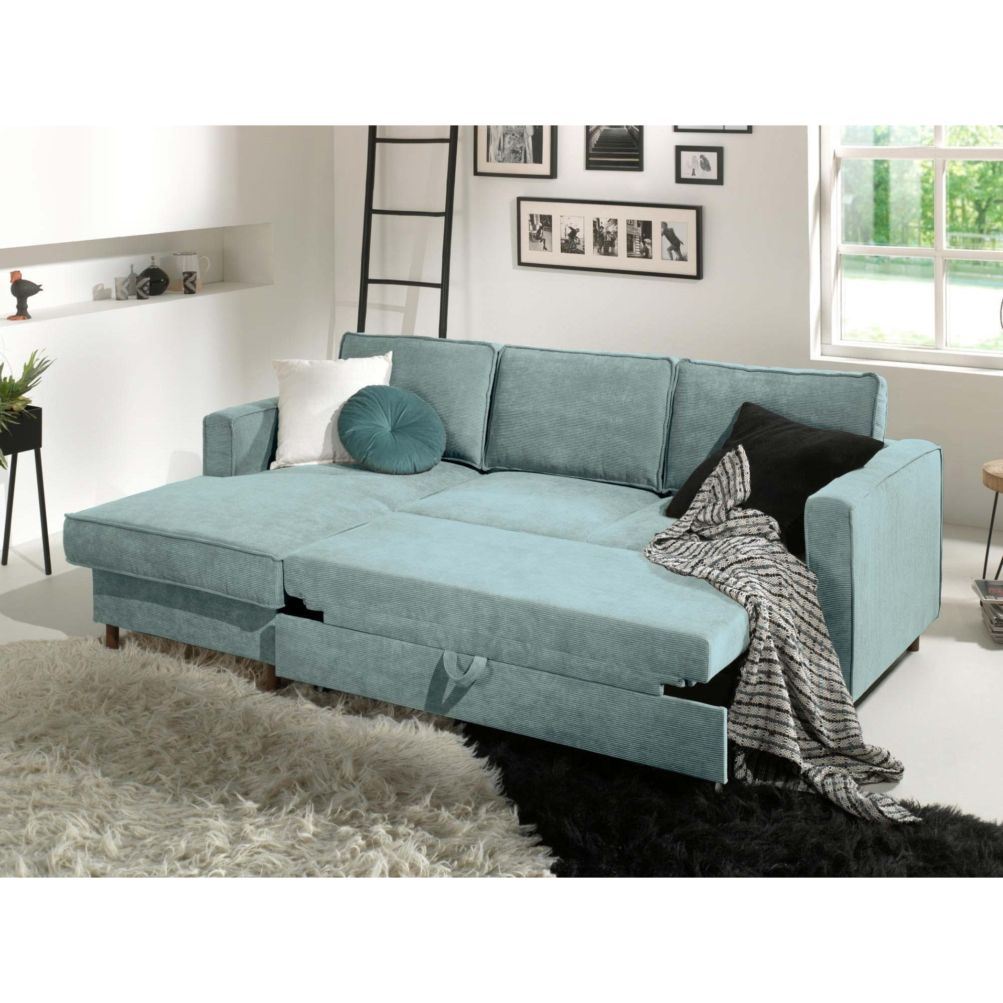 Jake - canapé d'angle gauche - convertible avec coffre - 4 places - en velours côtelé - Bleu