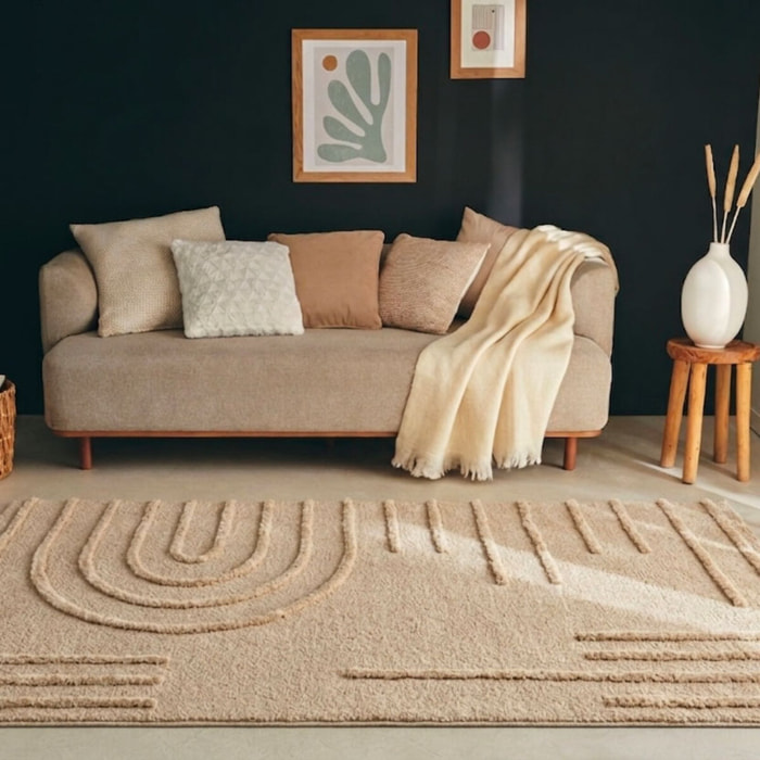 HARMONIE - Tapis de salon beige à motif en relief