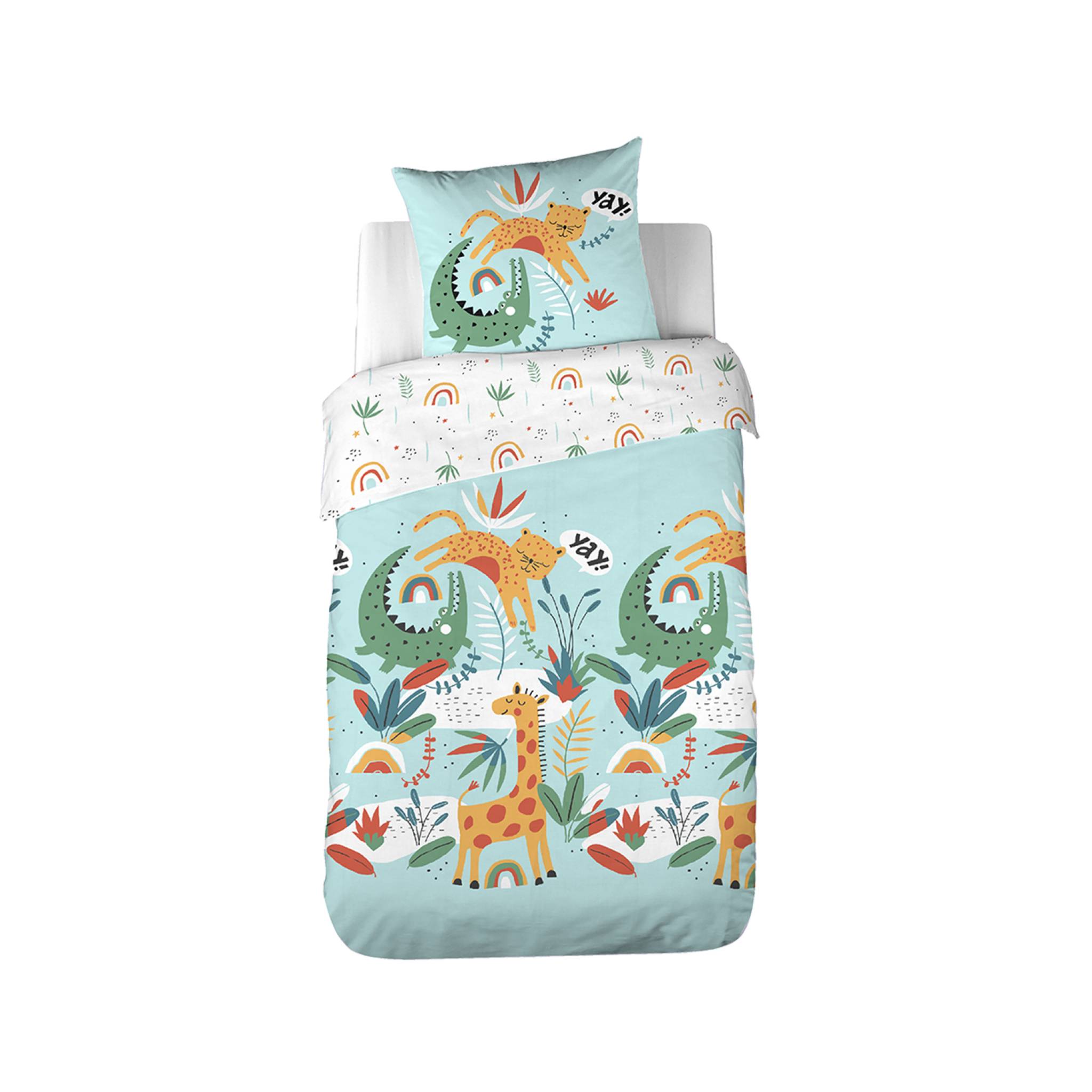 Parure de lit coton réversible turquoise imprimé savane / arc-en-ciel 1 place 140 x 200cm - Tanzania
