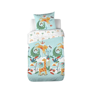 Parure de lit coton réversible turquoise imprimé savane / arc-en-ciel 1 place 140 x 200cm - Tanzania