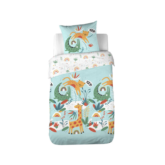 Parure de lit coton réversible turquoise imprimé savane / arc-en-ciel 1 place 140 x 200cm - Tanzania