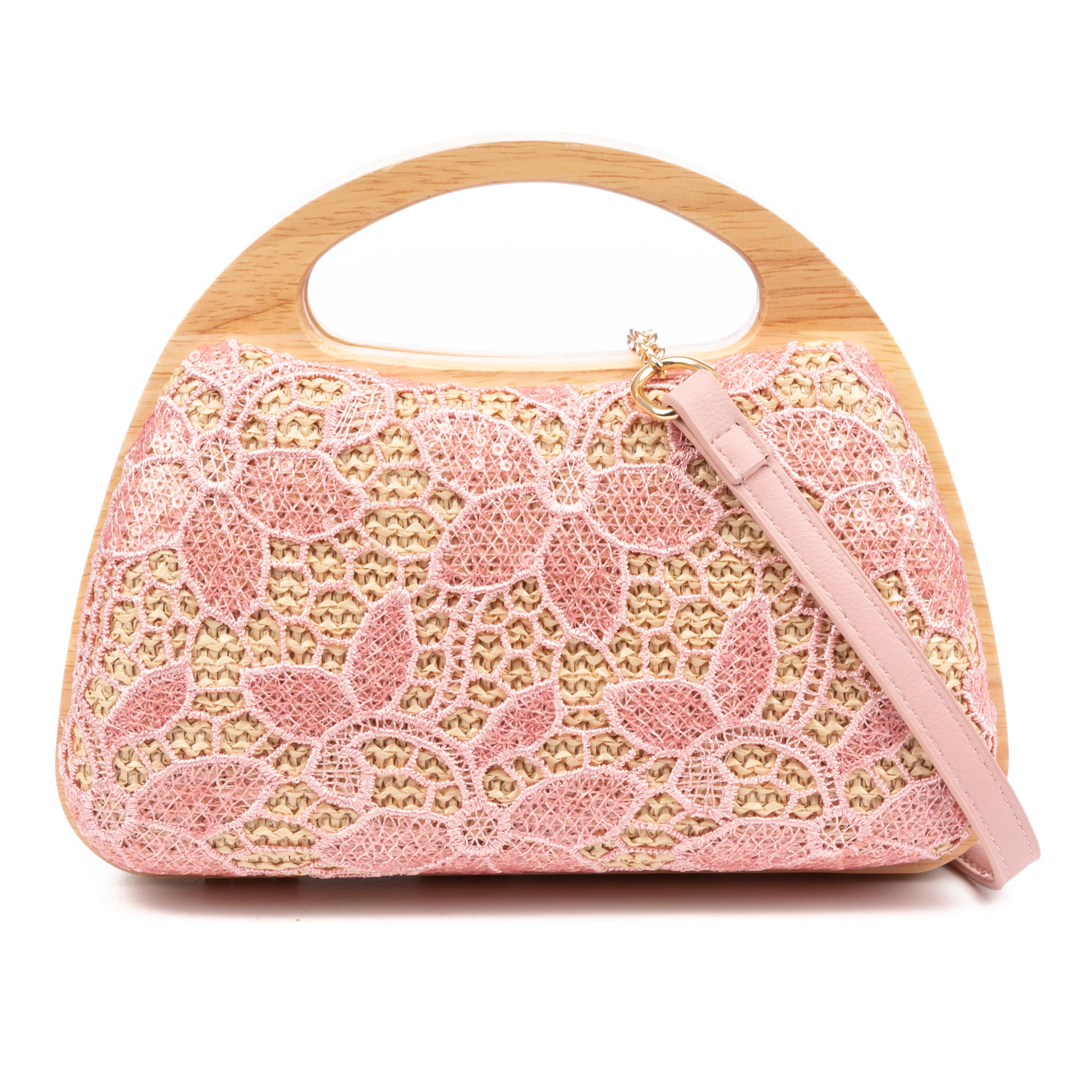 Ausa borsa a mano realizzata in legno naturale, con carta intrecciata e design in rete di tessuto floreale in juta