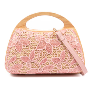 Ausa borsa a mano realizzata in legno naturale, con carta intrecciata e design in rete di tessuto floreale in juta