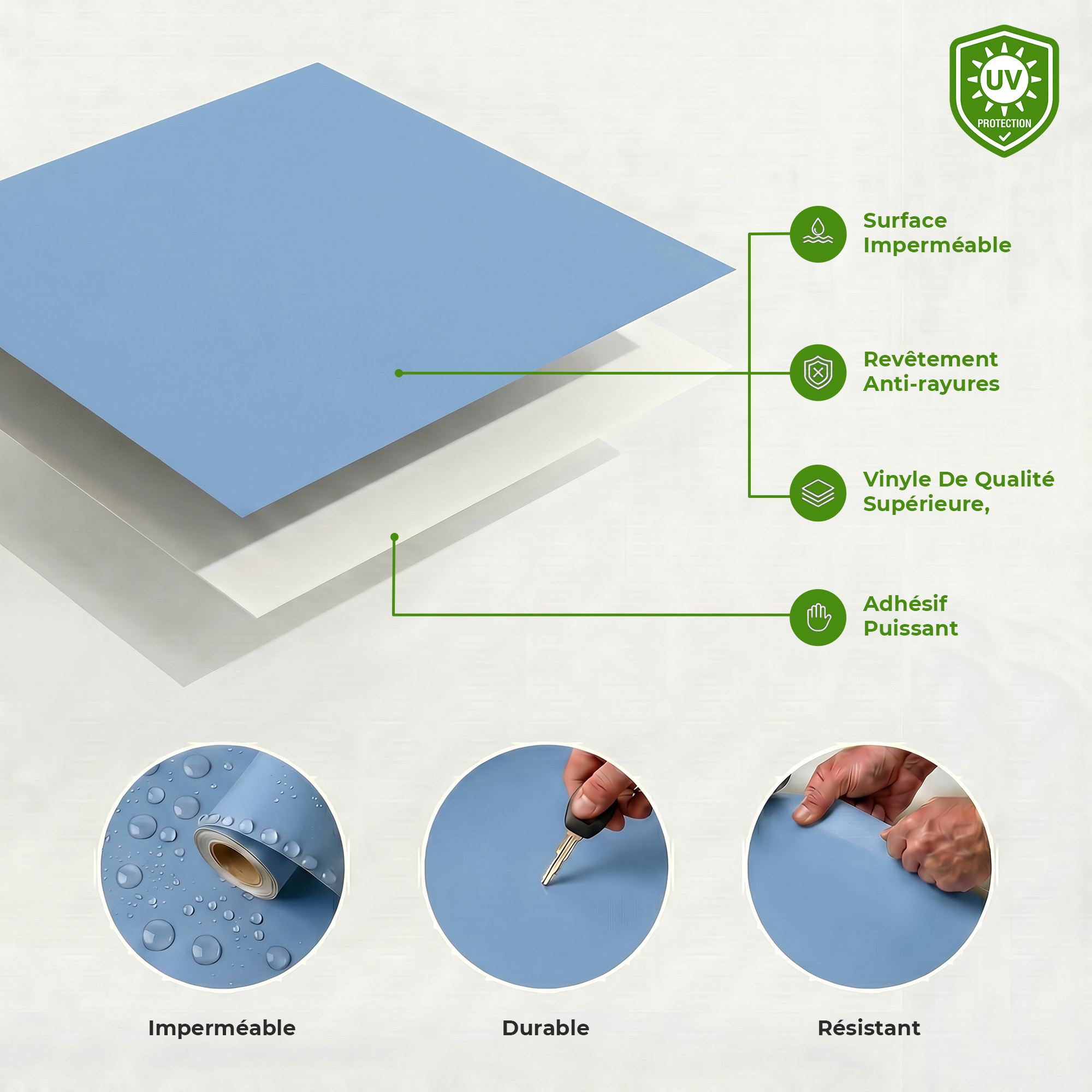 Rouleau adhésif décoratif Vinyle au Mètre - Bleu glace - Sticker Lavable Imperméable Mur Cuisine Meubles