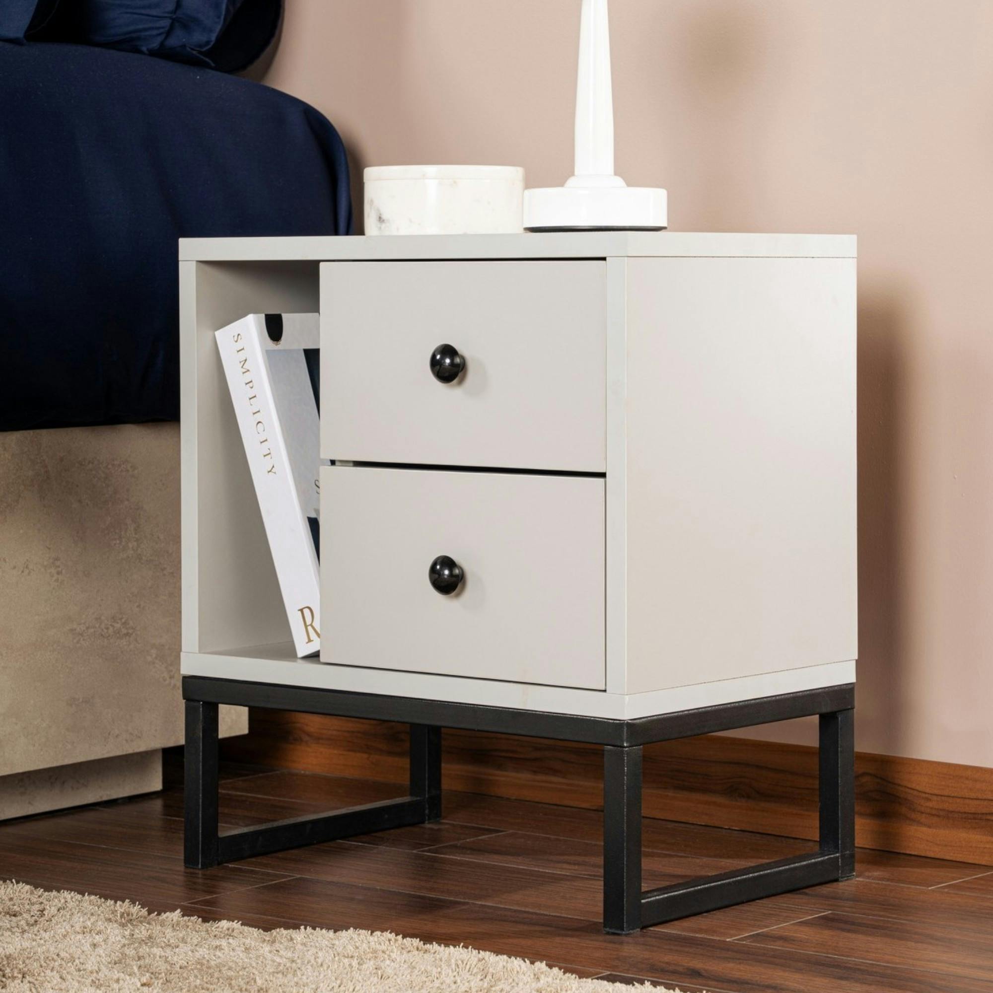 Table de nuit 2 tiroirs, 1 niche - gris effet laque JENA