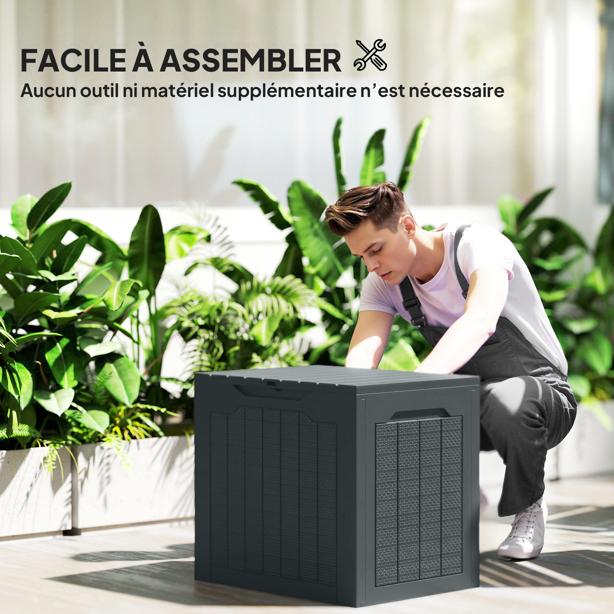 Coffre de jardin 93L dim. 56 x 41 x 50 cm effet rotin et bois anthracite