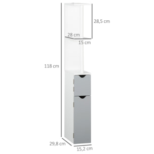 Columna de Baño Mueble de Baño con Puertas y Estantes Abiertos Armario de Baño Estilo Moderno 15,2x29,8x118 cm Blanco y Gris