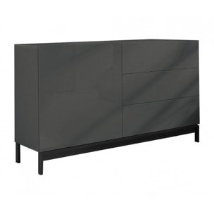 Credenza moderna a 1 anta e 3 cassetti, Made in Italy, Madia da cucina, Buffet di design da soggiorno, con piedini, cm 110x40h47, colore Antracite lucido