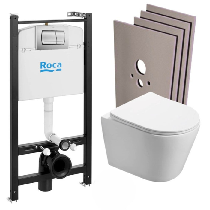 Pack Bâti-support Roca Active + WC suspendu Infinitio sans bride + plaque chrome mat + Set habillage