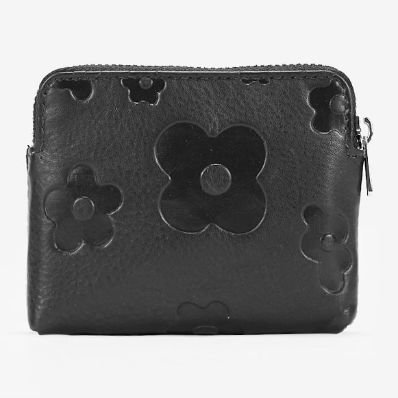 Monedero pequeño negro en piel con flores y cremallera