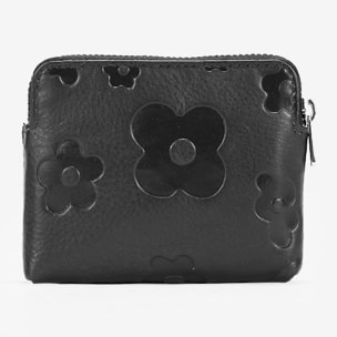 Monedero pequeño negro en piel con flores y cremallera