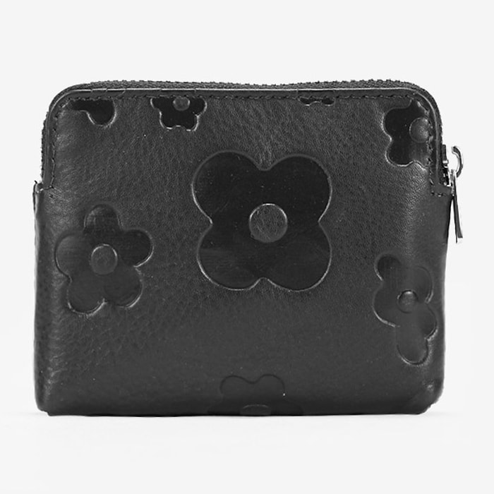 Monedero pequeño negro en piel con flores y cremallera