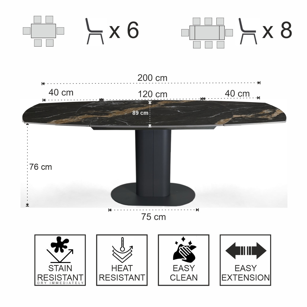 Table à manger extensible Tomasucci FYRM, en céramique, marbre noir, gris, 120/160/200 × 89 × 76 cm