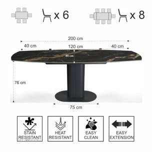 Table à manger extensible Tomasucci FYRM, en céramique, marbre noir, gris, 120/160/200 × 89 × 76 cm