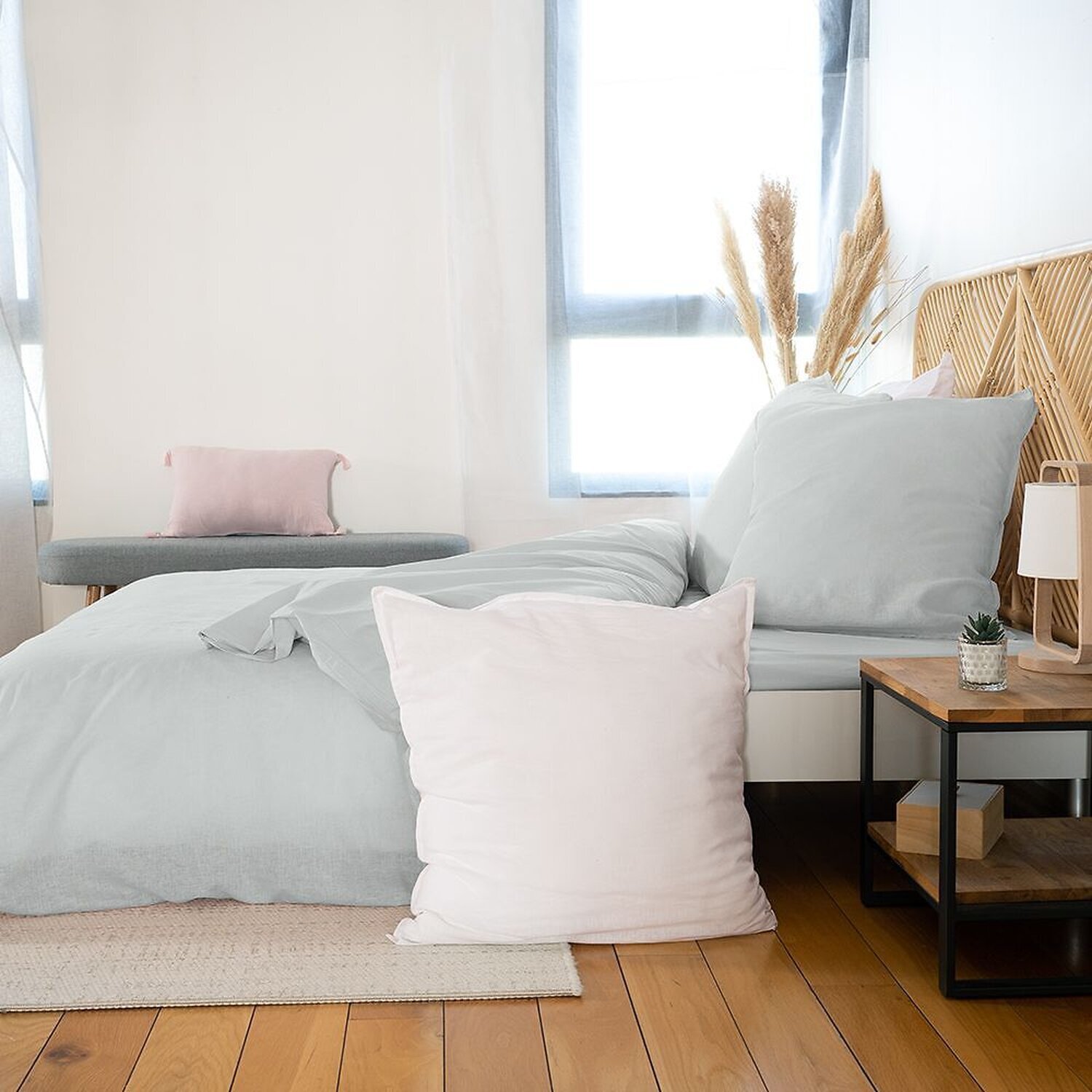 Parure housse de couette unie en coton lavé et lin - lynn - gris clair