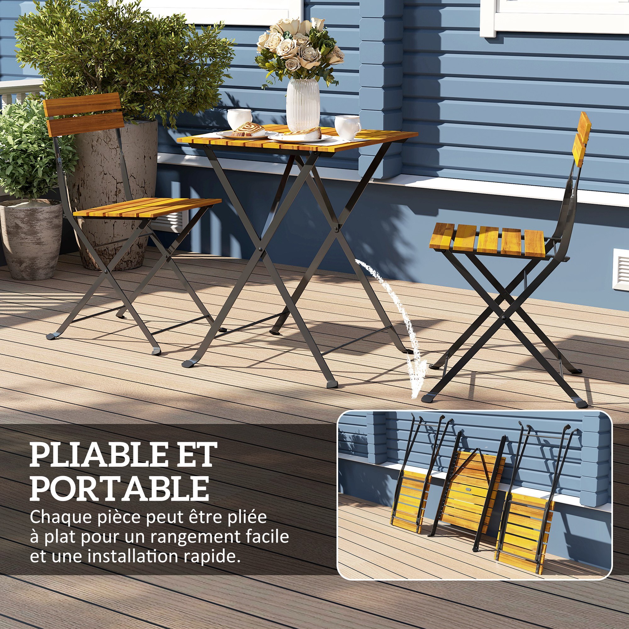 Ensemble bistrot de jardin 3 pièces pliables style exotique acier noir lattes bois acacia verni