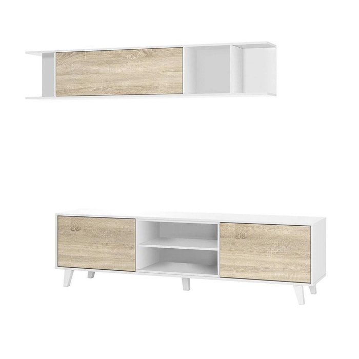 Parete attrezzata Buffalo, Mobile da soggiorno porta TV, Composizione per salotto con pensile, cm 180x41h51, Bianco e Rovere