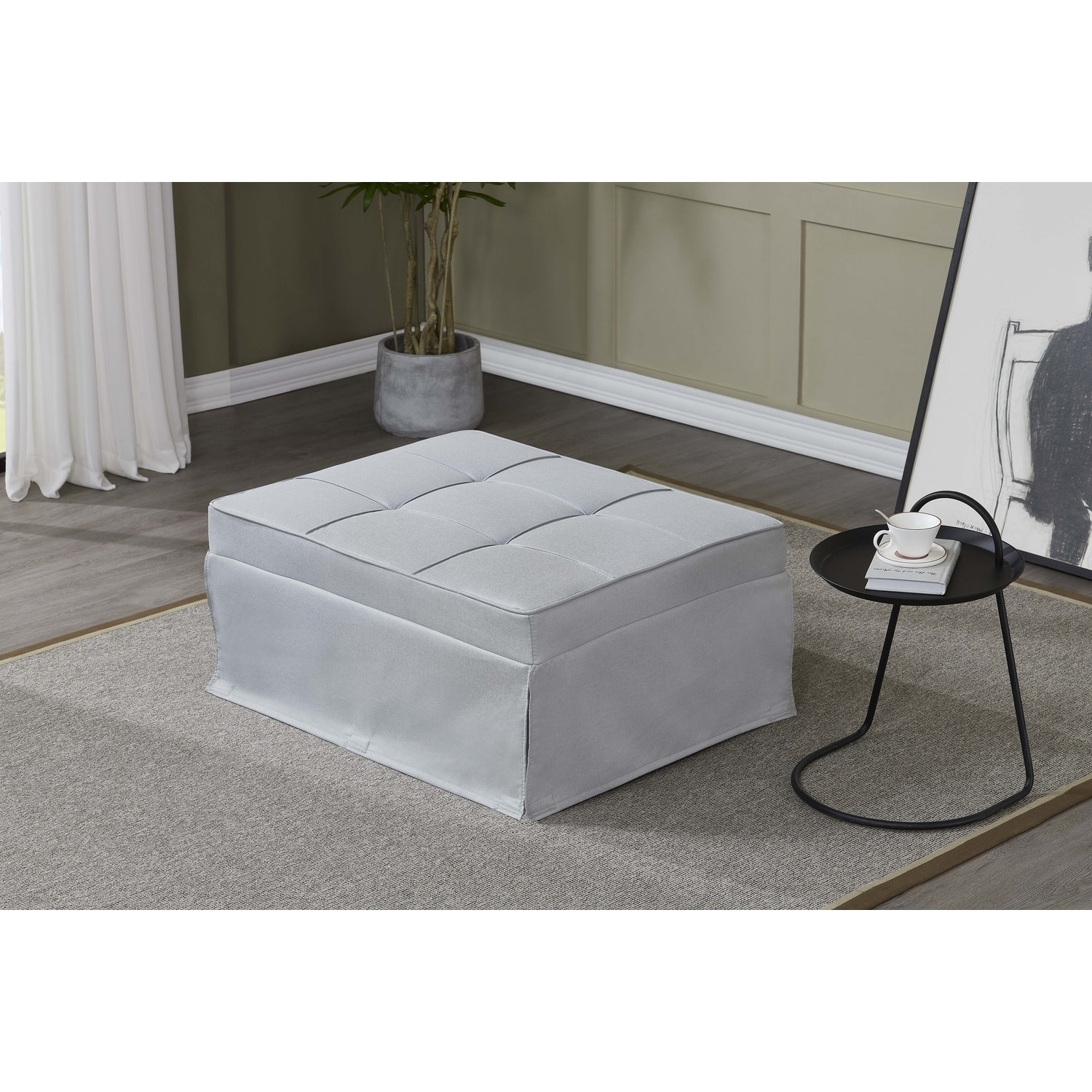 Fauteuil pouf ottoman gris 3 en 1 en tissu gris clair LEIRA