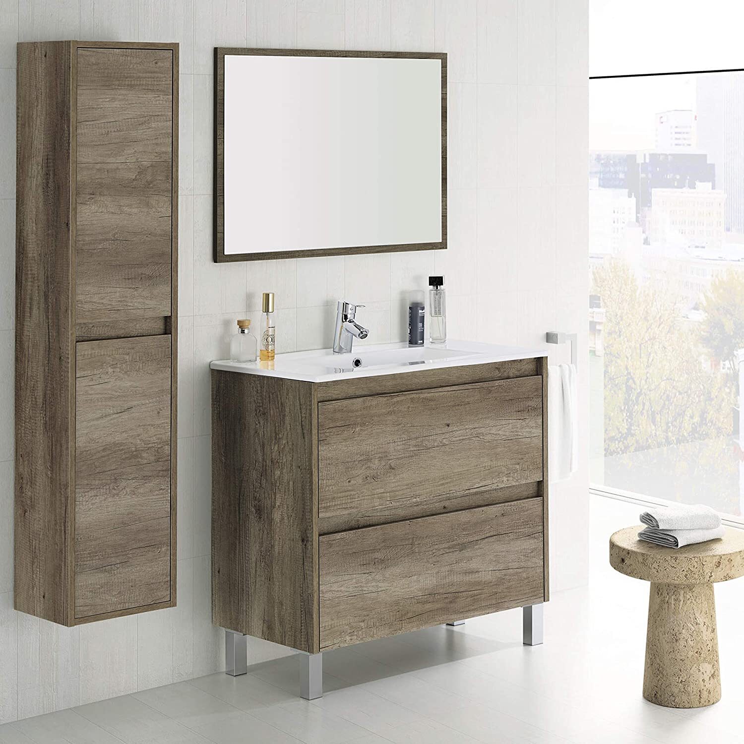 Mobile Bagno Sospeso Armadietto A Colonna Armadio Pensile 2 Ante 4 Ripiani Rovere Arredamento Bagno Nordico Moderno 30 x 25.5 x 140 cm Rovere Scuro