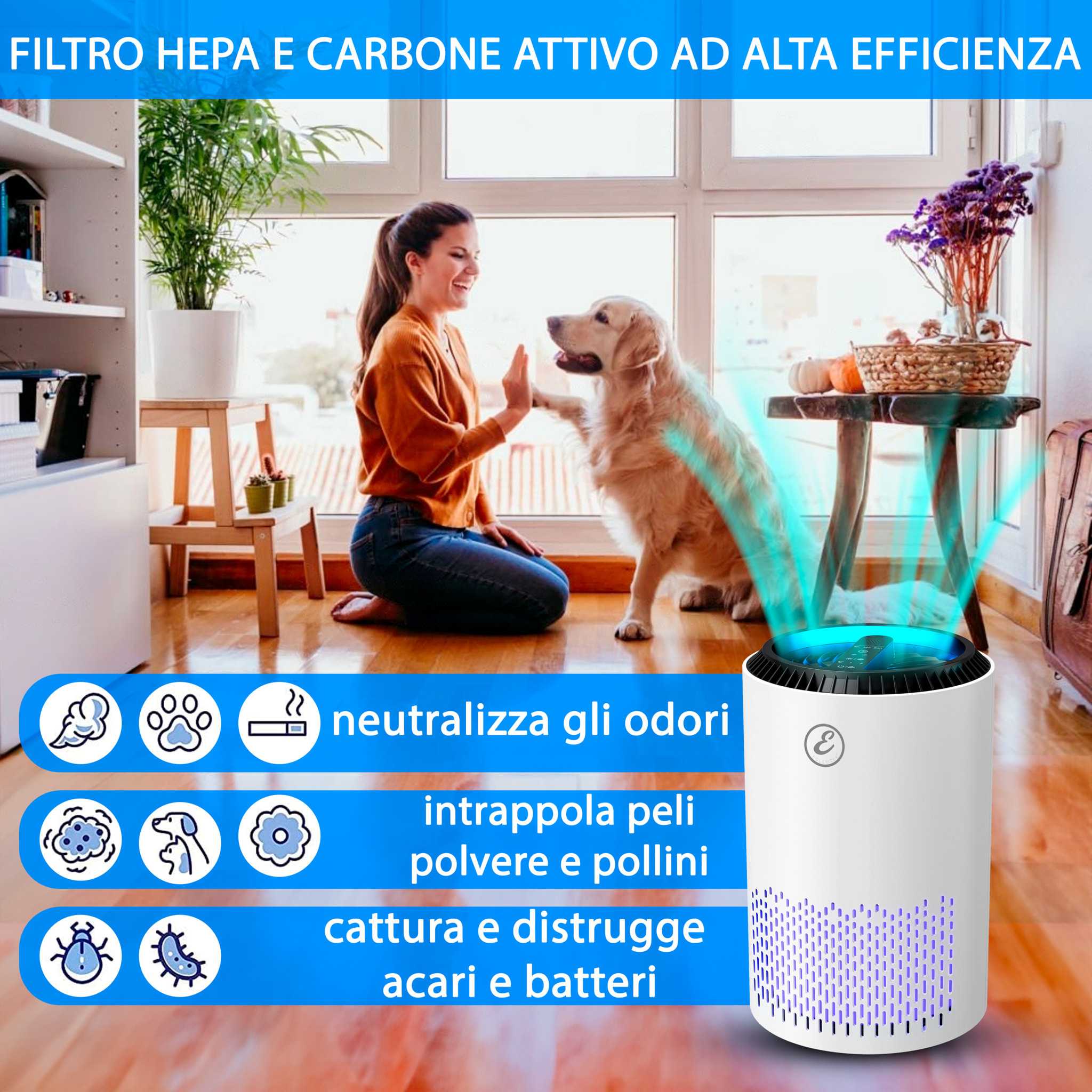 Purificatore Aria Portatile Air Purifier Filtro Hepa H13 22 Watt Elimina Odori Pollini Polvere Con Timer Camera Letto Soggiorno Bagno Ufficio 20 Mq