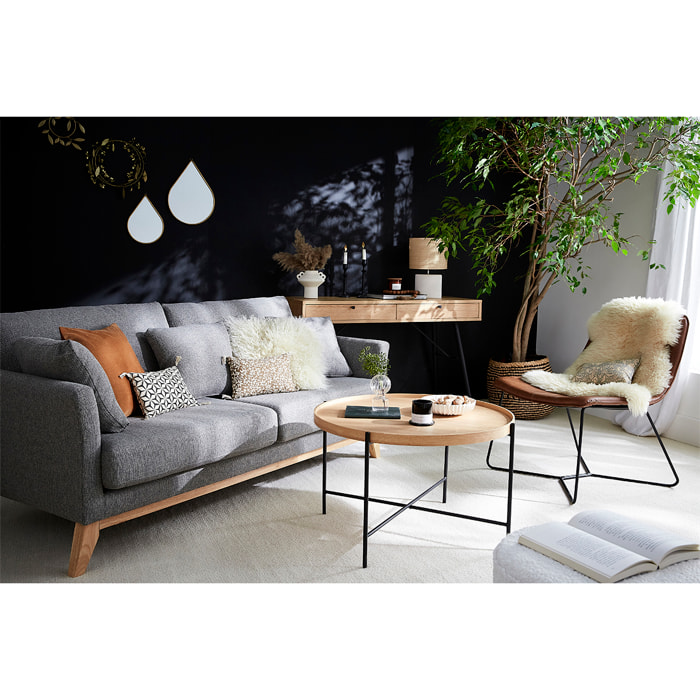 Canapé scandinave déhoussable 3 places en tissu vert de gris et bois clair OSLO