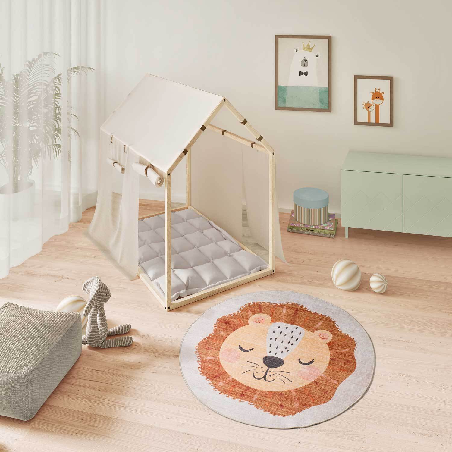 CANDY Alfombra redonda infantil lavable con leÃ³n caldera, 120Ã cm