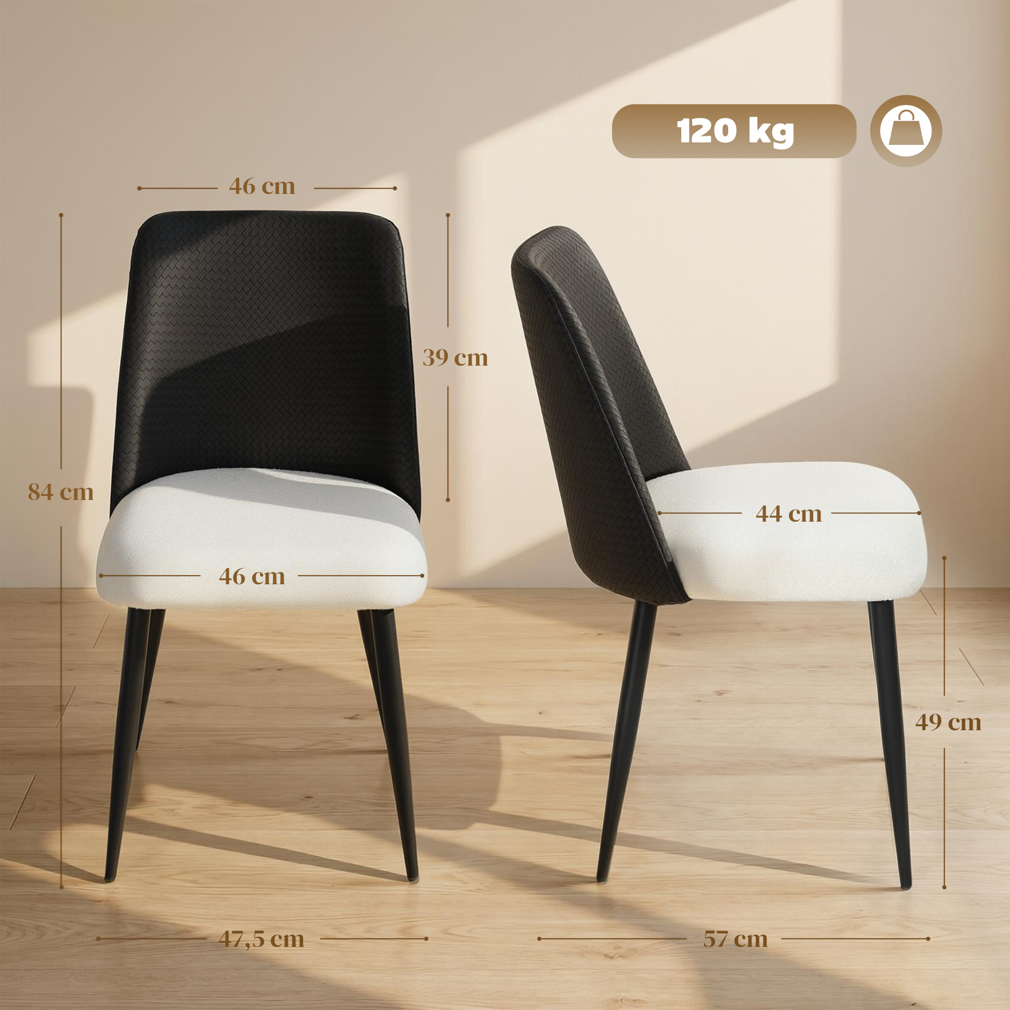 Juego de 2 Sillas de Comedor, Sillas de Cocina con Respaldo de PU de Imitación Ratán, Asiento Acolchado, Patas de Acero, para Salón, Negro y Beige