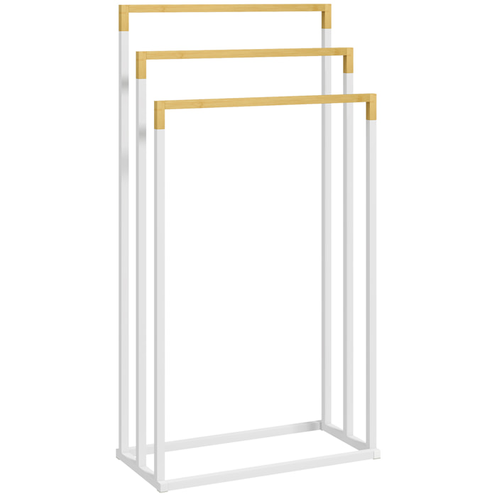 Toallero Escalera de 3 Niveles Toallero de Pie con 3 Barras de Bambú y Marco de Acero Toallero para Baño Lavadero 45x22,5x86 cm Blanco y Natural