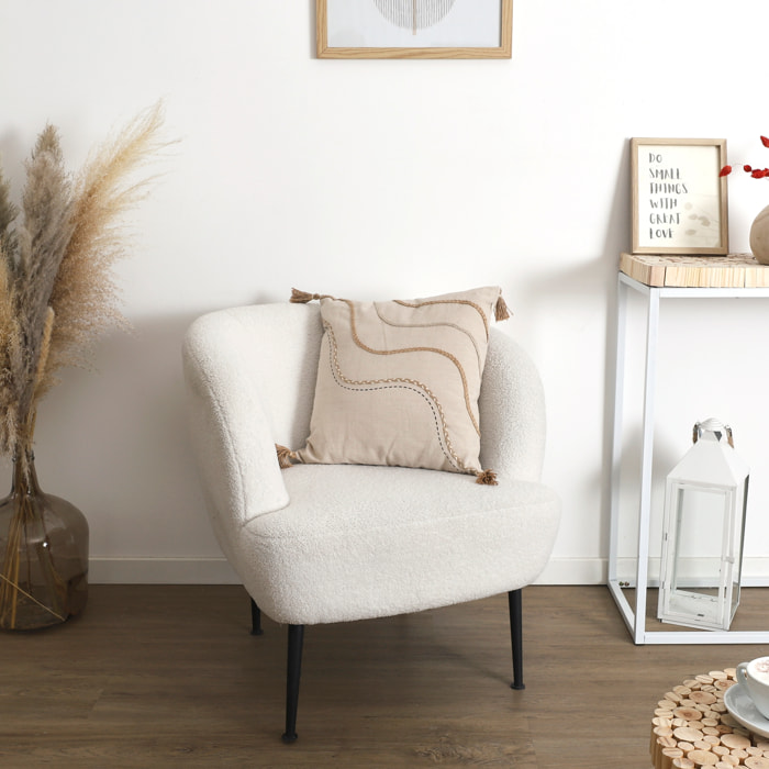 Coussin - HOME DECO FACTORY - Beige et Blanc - Pompons