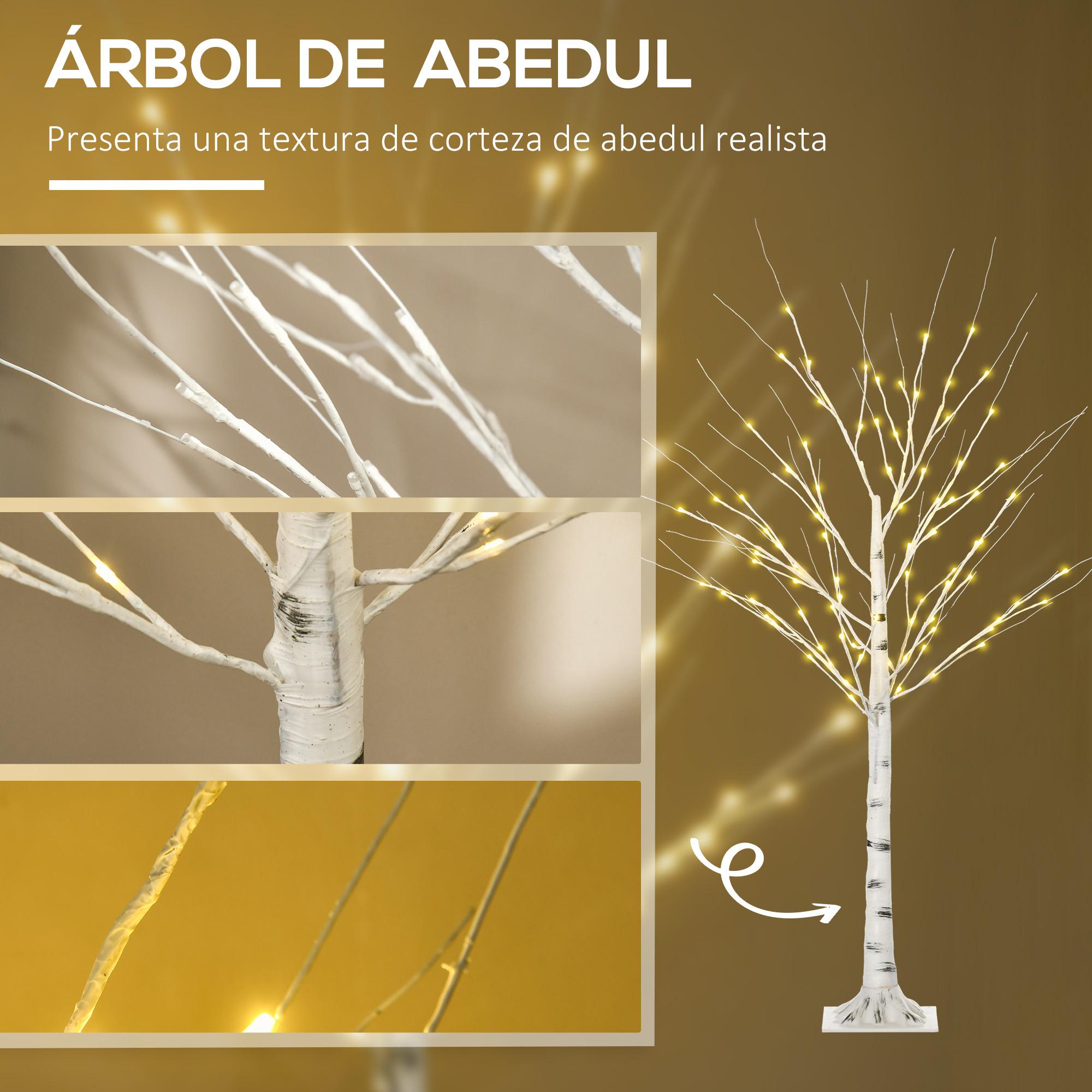 HOMCOM Árbol de Abedul Altura 150 cm con 96 Luces LED IP44 Blanco Cálido Ramas Flexibles y Base Lámpara de Árbol Decoración Navidad para Interiores 22x22x150 cm Blanco