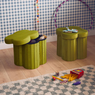 Lot de 2 tabourets-coffre pliables pour enfant avec assise en velours vert et en forme de fleur