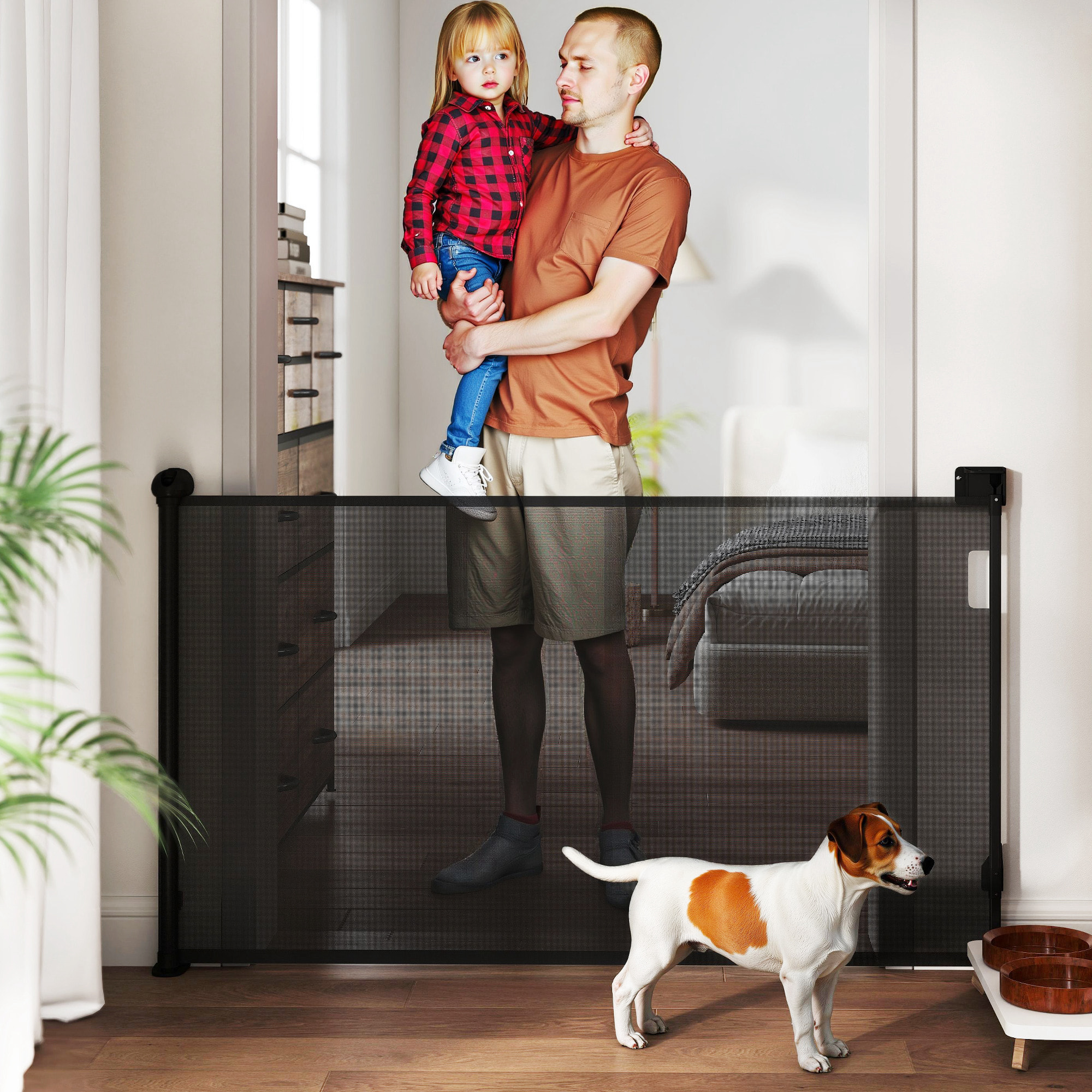 Barrera para Perros Retráctil 0-144 cm Puerta para Perros Pequeños Extensible Barrera de Seguridad para Mascotas con Interruptor de Cierre para Escaleras Puertas Pasillos