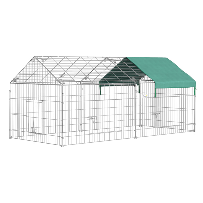 PawHut Parc enclos métal époxy cage extérieure dim. 2,20L x 1,03l x 1,03H m 3 portes et trappe surface abrité PE vert