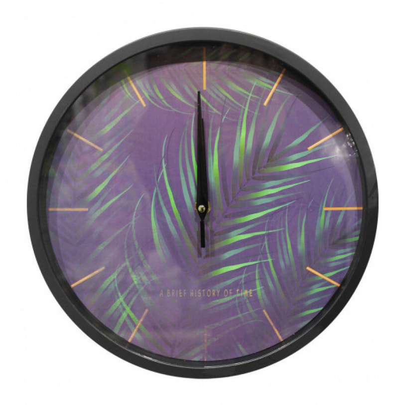 Horloge ronde 30 cm avec cadran violet et visuel végétal - CLICKY