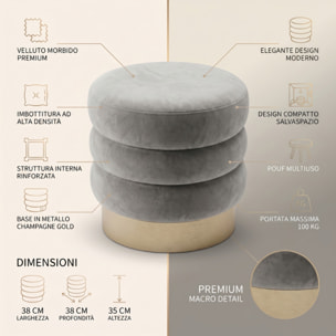 Pouf rotondo in velluto con base oro Ø38x38 cm, sgabello imbottito design moderno elegante, seduta decorativa per salotto camera da letto ingresso cabina armadio, pouf velvet con struttura resistente fino a 100 kg