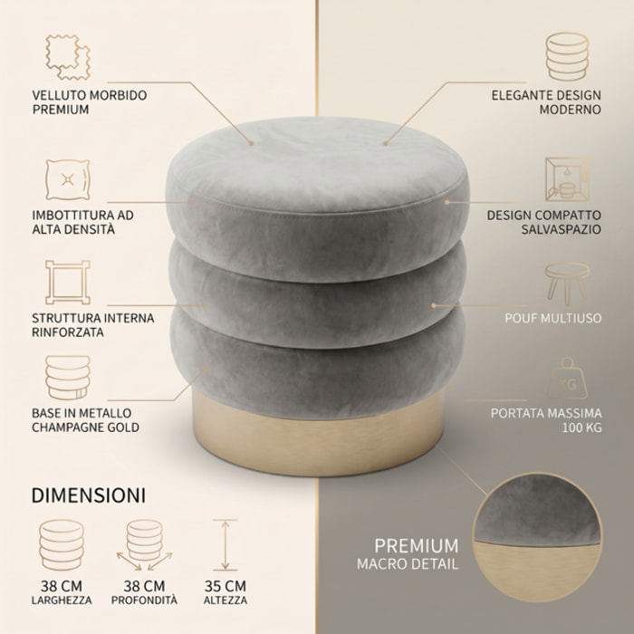 Pouf rotondo in velluto con base oro Ø38x38 cm, sgabello imbottito design moderno elegante, seduta decorativa per salotto camera da letto ingresso cabina armadio, pouf velvet con struttura resistente fino a 100 kg