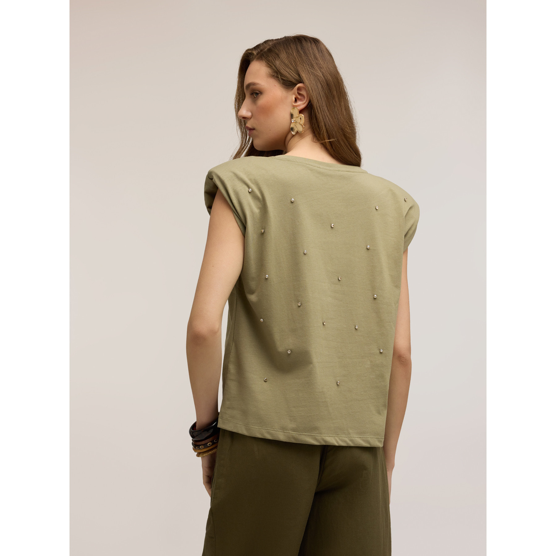Motivi - T-shirt con applicazioni di pietre - Verde militare