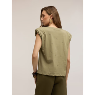 Motivi - T-shirt con applicazioni di pietre - Verde militare