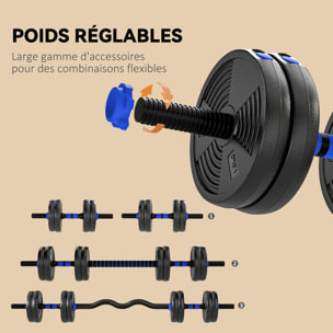 Ensemble d'haltères musculation multifonction 3 en 1 - haltères, Olympic barre, Curl EZ barre - total 15Kg - PVC bleu noir
