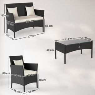 Conjunto de Jardín de Ratán Sintético Juego de 4 Piezas Muebles de Jardín con 2 Sillones 1 Sofá de 2 Plazas 1 Mesa de Centro con Tablero de Vidrio y Cojines Negro y Crema