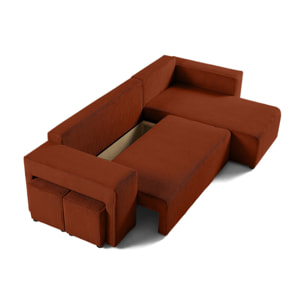 Topaze - canapé d'angle réversible 4 places - convertible avec coffre, tablette et poufs - en velours côtelé - Terracotta