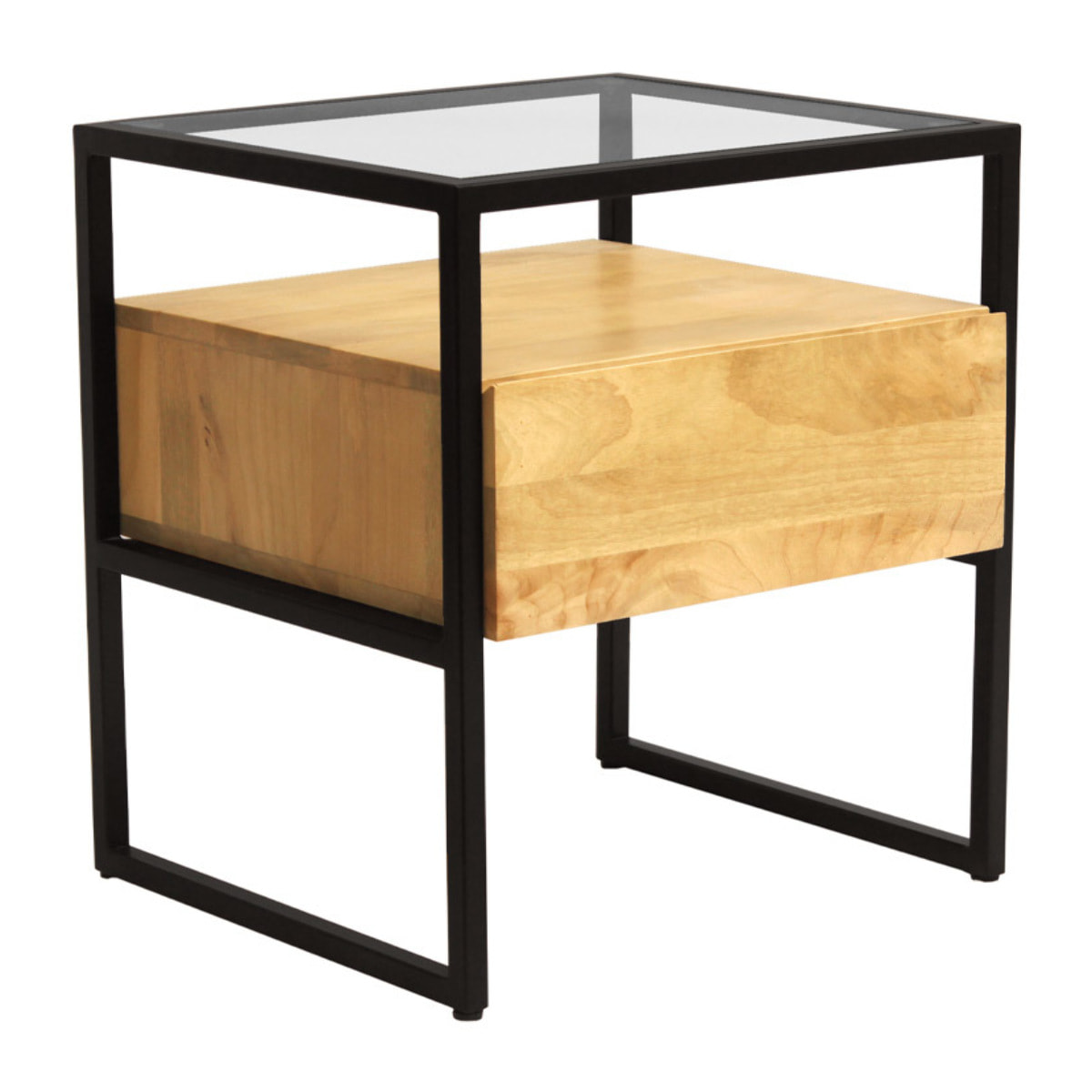 Table de chevet avec tiroir en bois manguier massif, verre et métal noir DIYA