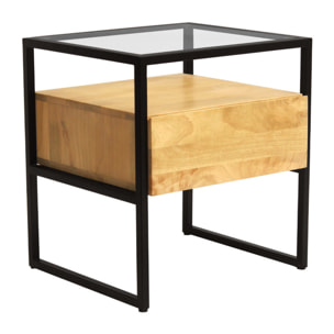 Table de chevet avec tiroir en bois manguier massif, verre et métal noir DIYA